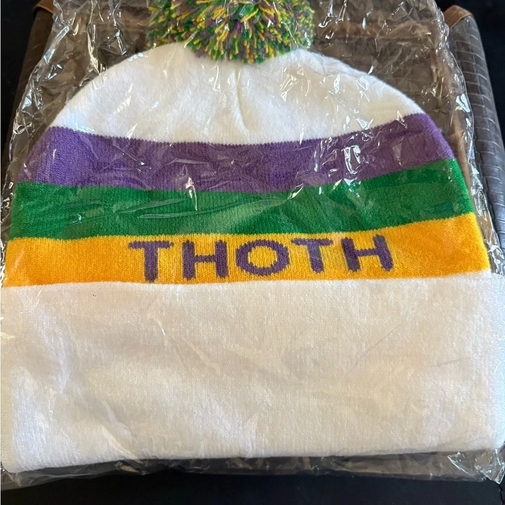 **Mardi Gras**White Beanie with Purple, Green, and Yellow Stripes